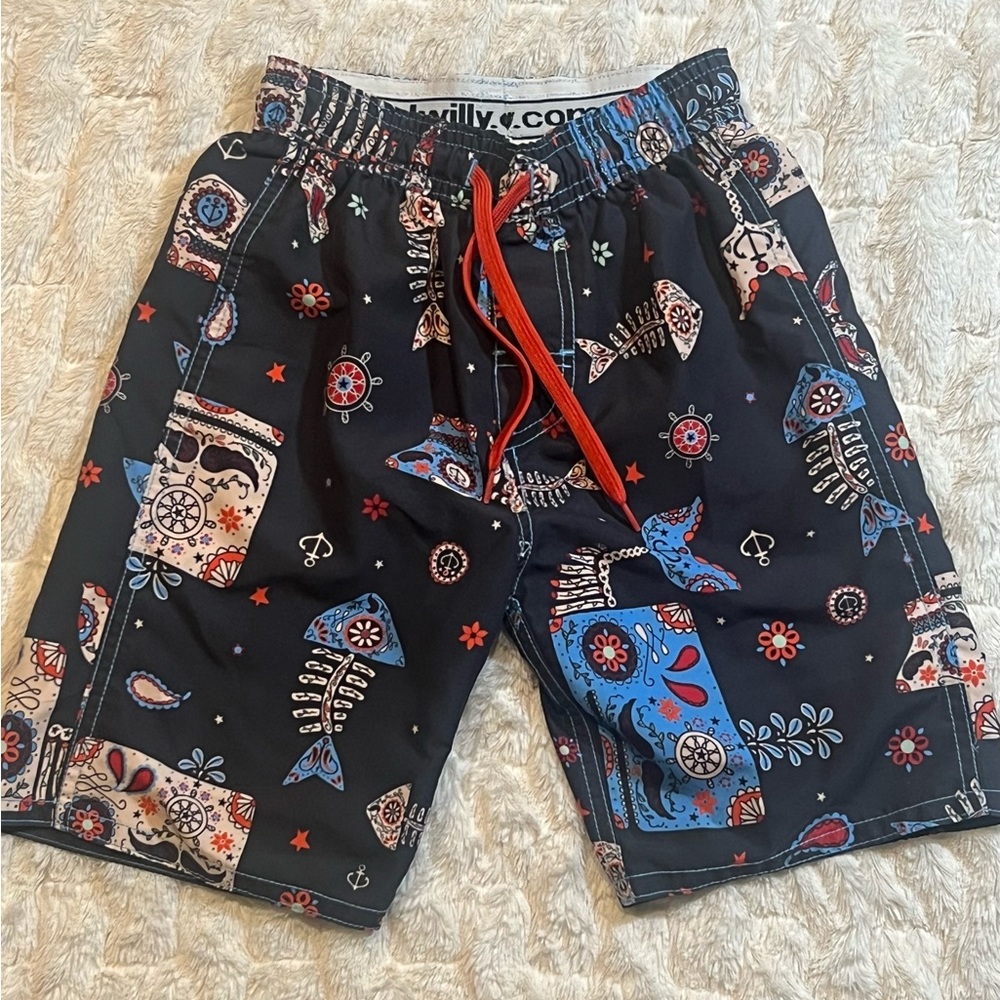 Wes and Willy Fish Print Boys Swim Shorts Sz. 4